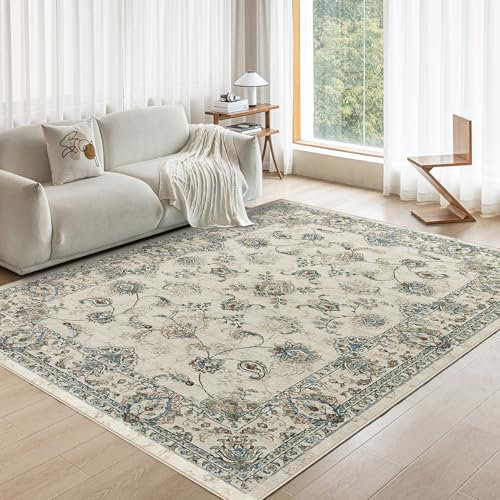 OMERAI Vintage Teppich Wohnzimmer 80X150CM Waschbarer Teppich Boho Teppiche Kurzflor rutschfest Klein Carpet für Schlafzimmer, Esszimmer, Beige Grün