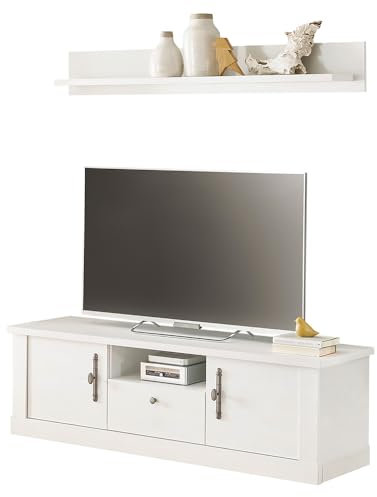 Lomadox Wohnwand Wohnmöbel Set, Pinie weiß, 2-teilig, Landhaus-Stil, Wandboard, Lowboard