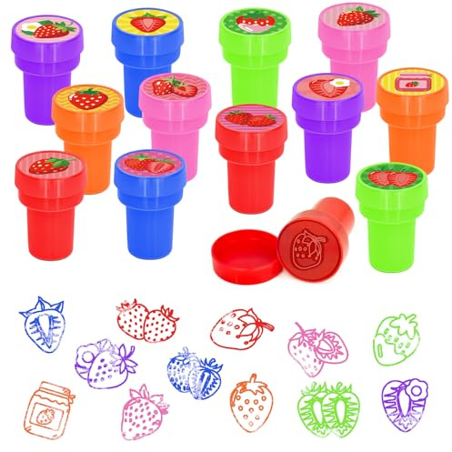 Cinrobiye 24 Stück Erdbeer-Stempel, Partygeschenke, niedliche Früchte, vorgefärbte Stempel mit 12 süßen Beeren-Designs, Erdbeer-Geburtstagsparty-Zubehör, Geschenktütenfüller, Klassenzimmer-Belohnungen