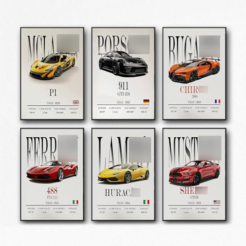 Generisch 6 Stück Auto Posters SuperCar Poster CHIRON P1 911GT3 RS Art Prints For Walls Vintage Racing Car Sportwagen AutoPoster Supersportwagen Wall Art For Boys Bedroom (Unframe,20 x 30 cm)