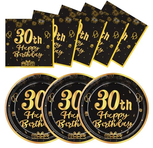 LAWALEISHE 30th Happy Birthday Paper Plates and Napkins, Black Gold 9 Disposable Strong Plates for Parties, 48pcs Party Tableware Set 24 Guests, Birthday Supplies for Table Decorations