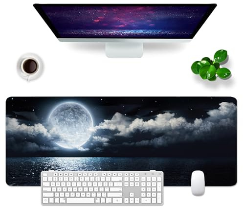 WYDUCVI Moon Mouse Mat Large Gaming Mouse Mat Ocean XL Black Desk Mat 31.5x11.8x0.12 inch Keyboard Mouse Pad (Moon and Ocean)