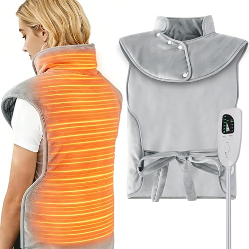 VOSFEEL Heizkissen für Rücken Schulter Nacken, 60x100cm Heizkissen Automatische Abschaltfunktion mit Taillenriemen, 6 Heizstufen und Timer, Schnelle Erwärmung, Maschinenwaschbar Wärmekissen