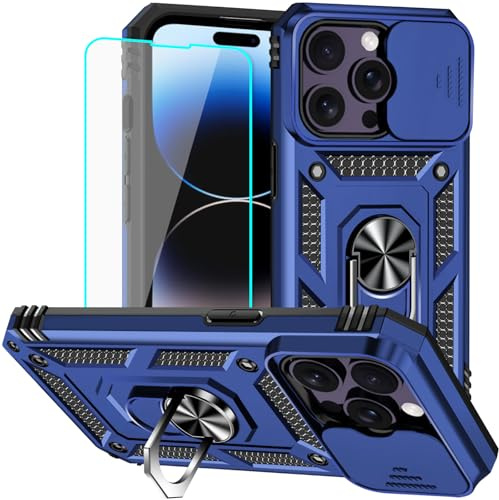 Yiakeng for iPhone 14 Pro Max Case with Screen Protector: [Military Grade 20ft. Drop Tested] Slide Camera Cover Ring Shockproof Protective Phone Case for - iPhone 14 Pro Max (Blue)