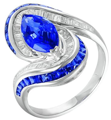 Lirzxin Damen Ring Weißgold 585 14K, Trauringe für Frauen Luxus Geometrisch mit 2.9ct Labor Erstellt Blauer Saphir und 0.37ct Moissanit Verlobung Hochzeit Ringe Weißgold Gr. 65 (20.7)