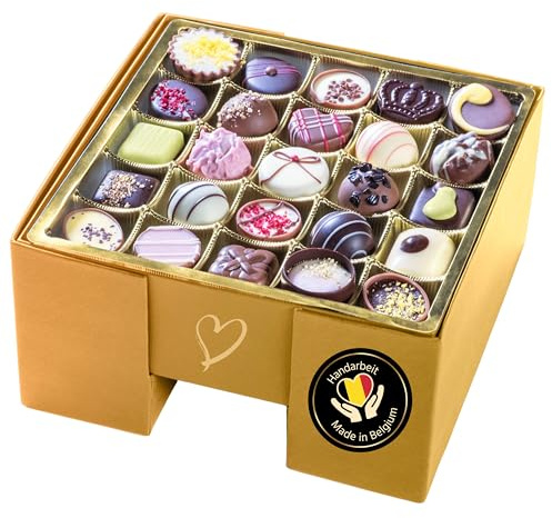 ePralinchen handverarbeitete belgische Luxus-Pralinen | goldene aufstellbare Bühnen-Pralinenbox mit Pralinen aus Vollmilch, dunkler und weißer Schokolade (Standard, mit Alkohol)