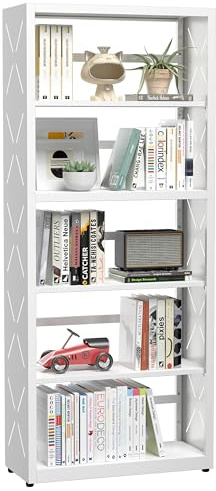 TIMELESS PIECES Bücherregal, Metallregal mit 5 Ebenen 140x58,5x25cm, Weiß | Aufbewahrungsregal mit 3 verstellbaren Ablagen, Bücherschrank, Standregal für Wohnzimmer Büro Küche Schlafzimmer