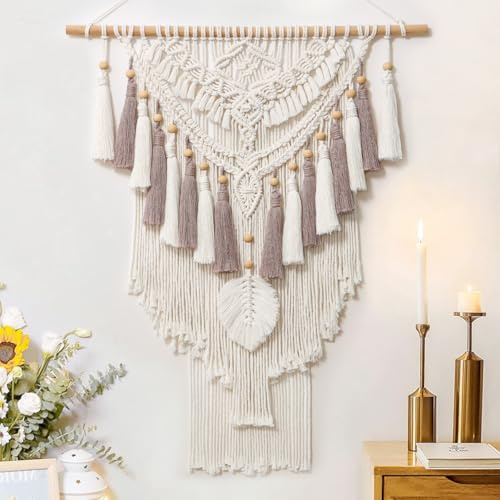 Boho Makramee Wandbehang Geometrischer Gewebte Wandteppich Beige Rosa | Dremisland Baumwolle Wandteppich Wandkunst Tapisserie Quasten Tapestry Wandbehang für Schlafzimmer Wohnzimmer 70x94cm