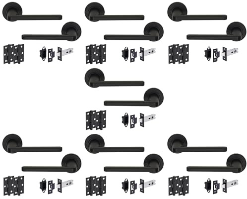 Hunta HANDLEZONE® Elio Matt Black Internal Door Handle Pack - 7 Pack - Lever on Rose Set - 76mm Tubular Latch (57mm Backset) & 2 Ball Bearing Hinges - Passage for Internal Wooden Doors