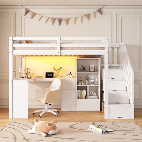 Merax Children's High Sleeper Bed with Desk -L-Shaped, Storage Stair, Kids Loft Bed Bunk Bed Frame with 4-Tier Bookcase, Drawers, RGB LED Lights, for Children Teenagers, White (90x190cm)