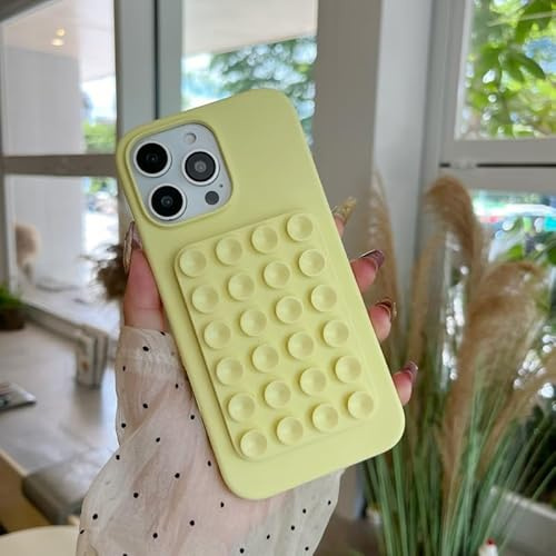 FIFTHAVE Custodia per iPhone 15, con ventosa in silicone, supporto a ventosa per iPhone 15, custodia in silicone morbida antiurto ultra sottile, custodia morbida bumper cover giallo