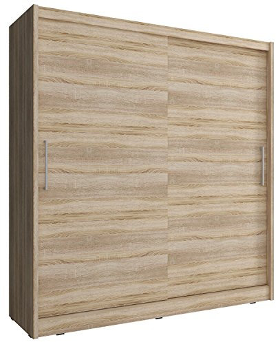 Furniture24 Schwebetürenschrank Wiki 200, Kleiderschrank, Schrank, Schiebetür, Schlafzimmerschrank mit Kleiderstange und Einlegeboden (Sonoma Eiche)