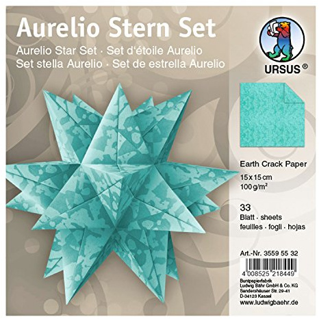 Ursus 35595532 - Faltblätter Aurelio Stern Earth Crack Paper, azurblau, 33 Blatt, aus handgeschöpftem Naturpapier 100 g/qm, Metalliceffekt,ca. 15 x 15 cm, beidseitig bedruckt, ideal als Weihnachtsdeko