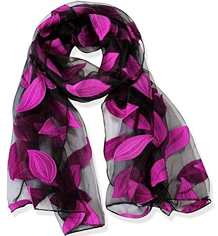 YFZYT Organza-Schal für Damen mit Feder Stickerei Muster/Elegantes Accessoire für Frauen/Organza-Schal/Halstuch/Schulter-Tuch/Schal Chiffon Stola Scarves - Rose Rote Blätter