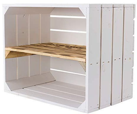 3 weiße Holzkisten mit geflammtem Mittelbrett -längst- Schuhregal Bücherregal aus Obstkisten Apfelkisten Kisten in weiß mit Zwischenbrett - Shabby chic - aus dem Alten Land 50x40x30 cm (3)