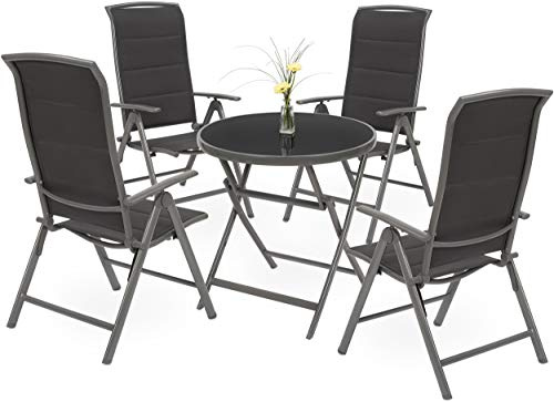 BRUBAKER Garten Sitzgruppe Milano - Wetterfest - Silbergrau | 1 Glastisch Klapptisch rund 70 cm Ø mit 4 Hochlehner Stühlen - Aluminium