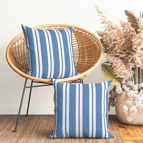 Encasa XO Kissenbezüge 2 Stück (50x50 cm) - Franca Blue Stripes - Weiche Baumwolle Leinwand Ungefärbt Rechteckige Kissenbezug Bunte Dekorative für Wohnzimmer Schlafzimmer Sofa Waschbar