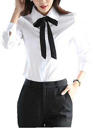 Taiduosheng Camicette da donna slim a maniche lunghe bianche con bottoni e cravatte camicie da lavoro, bianco, M