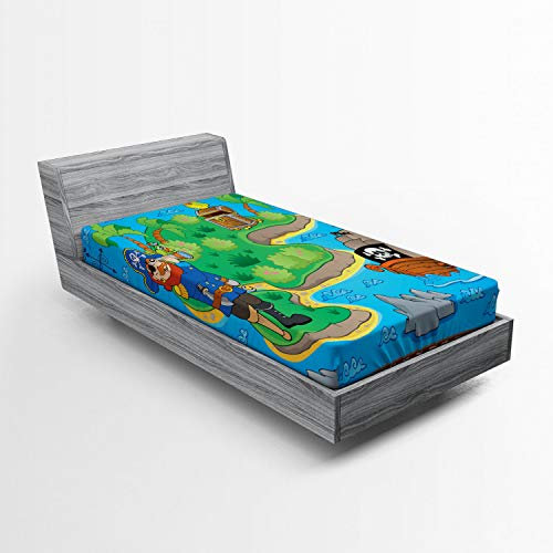 ABAKUHAUS Kids Spannbetttuch, Funny Pirate Ship Island, Soft Dekorativer Stoff Bettwäsche Rund-um Elastischer Gummizug, 90 x 200 cm, Grün Türkis