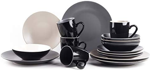 HomeVss - Juego de vajilla de cerámica de dos tonos de 16 piezas, color negro brillante exterior + esmalte interior mate muy fresco – 4 colores surtidos de gris, gris claro, beige claro y blanco