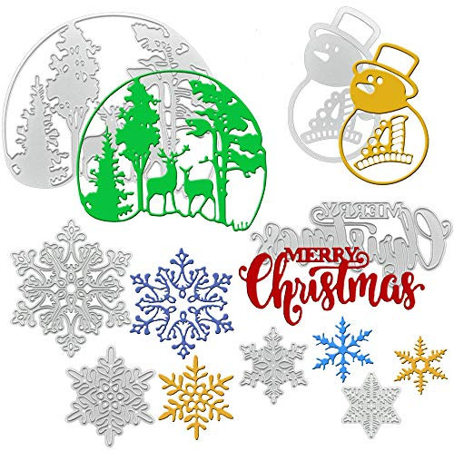 SNAGAROG 7 Stück Weihnachten Stanzschablone Metall Schneiden Stanzformen Prägeschablonen Stanzformen für DIY Album,Scrapbooking,Karten(Schneeflocken, frohe Weihnachten, Schneemann, Elch)