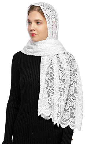 Wgior Rechteckiger Kapellenschal, katholischer Kirchenschleier, Mantilla, Wickeltuch, Kopfbedeckung, Weiss/opulenter Garten, Large