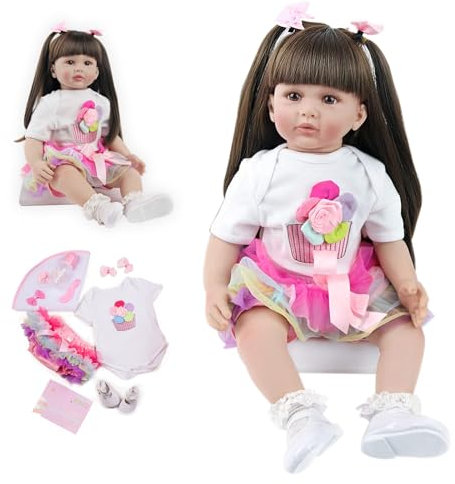 ZIYIUI Realistische Reborn Puppe Mädchen Original Vollsilikon Reborn Neugeboren 22 Zoll 55cm Jeanskleid Schwarz Reborn Kleinkind (24 Zoll)