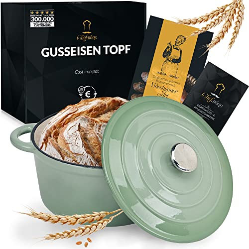 Olla hierro fundido para hornear pan de 24CM – 3,5L Cazuela hierro fundido esmaltada para cocer, hornear y freír, con tapa de inducción (3,5L, Verde)