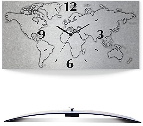 ARTLAND Wanddeko Wanduhr ohne Tickgeräusche Alu Quarzuhr Silber metallic lautlos 50x25 cm Rechteckig Weltkarte Modern Karte Abstrakt Grau U1UN