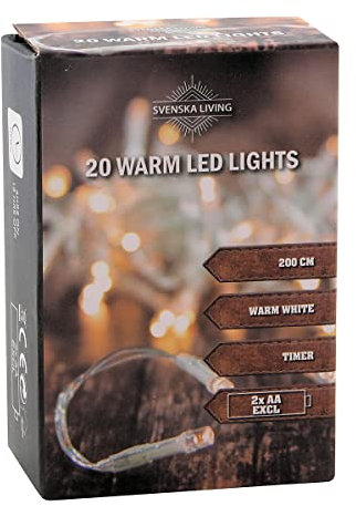 LED Lichterkette 20 LED warmweiß mit Timer - 200 cm - Batterie betrieben - Kabelfarbe transparent