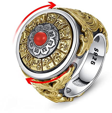 AMDXD Sterling 925 Silber Ringe, Zodiac Bagua Symbol Rotatable mit Onyx Drehbar Silber Ringe Mann für Herren, Spinner Fidget Ring mit Onyx Rot, Verstellbar, Silber, Echtschmuck