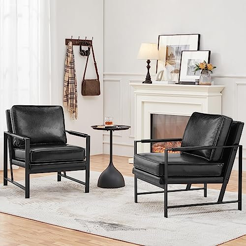Yaheetech Sessel 2er Set Retro Loungesessel aus Kunstleder, Relaxsessel mit Rückenlehne, Einzelsessel mit Metallrahmen, für Wohnzimmer/Empfangsraum/Büro, Schwarz