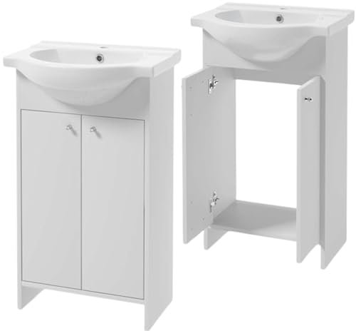 .Deftrans Badezimmerschrank mit Waschbecken 85 x 50 x 25,5 cm Stehender Badezimmerschrank und Unterschrank, lackiert, Elegantes Set mit Keramikwaschbecken (Weißer Runder Griff)