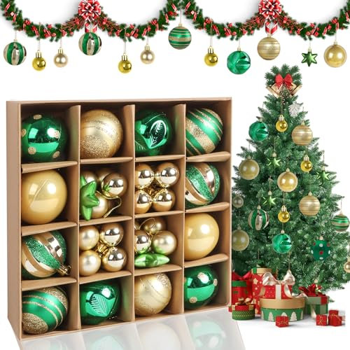 Kaket Christmas Baubles, 42pcs Christmas Tree Balls Ornaments, Christmas Wreath Ornaments, Christmas Hanging Decor, Tree Decoration Ornaments, Red and White Christmas Decorations (Green - Gold)