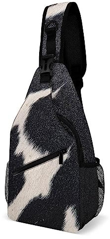 FWJZDSP Umhängetasche aus schwarzem und weißem Rindsleder für Damen und Herren, Umhängetasche aus Kuhfell, verstellbarer Sling-Rucksack, Brusttasche zum Wandern