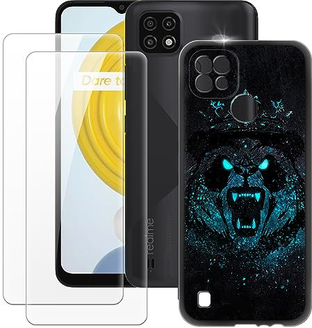 MILEGAO OPPO Realme C21 Funda + 2 Protectores de Pantalla de Vidrio Templado, Parachoques Ultrafino a Prueba de Golpes, Funda de Silicona TPU Suave para OPPO Realme C21 (6.5”)