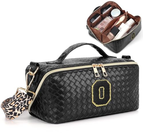 Deciniee Reise Schminktasche Kosmetiktasche Damen: Reise Make Up Tasche Buchstabenanpassung - Tragbare Make Up Bag mit Schultergurt - Schwarz O