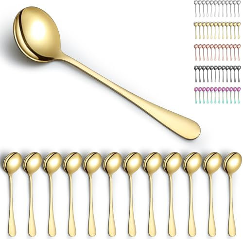 Kyraton Gold Soup Spoons 12 Pieces, Stainless Steel Titanium Gold Plating Round Stainless Steel Bouillon Spoons, Dishwasher Safe