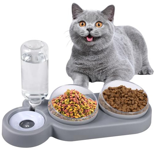JAMATA Gamelle Chat 3-en-1 Surélevée & Inclinable à 15°,Double Bol Anti-Vomissement avec Distributeur d'eau Automatique,pour Nourriture Sèche et Humide,Idéal pour Chats et Chiots,Facile à Nettoyer
