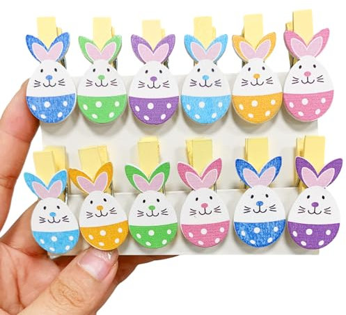 12 Stück Holzklammern mit Bunte Hasen zu Ostern, für Fotos Fotowand Tüten Kinder Dekorieren von Osternestern, Geschenken