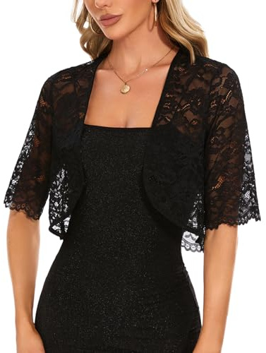 MINTLIMIT Women's Cardigan Evening Floral Lace Bolero Shrug Wedding Half Sleeve Party Cardigan for Women (Black, Size L)