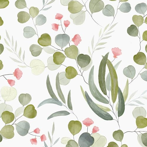 Fvlow Green Leaf Peel and Stick Wallpaper - Vintage White Floral Vinyl Wrap Kitchen Worktop Covering - Self Adhesive Thick Green Leaf Wallpaper for Bedroom Furniture Décor - 44.5cm x 300cm