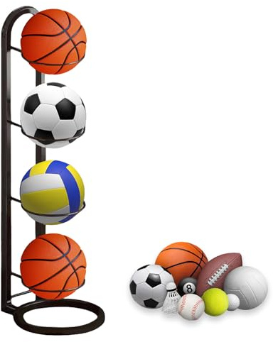 thirei 4 Tier Ball Storage Rack, Football Stand, Vertical Ball Storage Rack, Ball Stand, for Storage of Basketballs, Footballs, Volleyballs