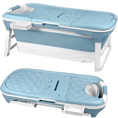 TANYEAR Badewanne Faltbare Erwachsene Klappbadewanne, 128 x 62 x 52 cm Tragbare Bathtub mit Abnehmbar Abdeckung Massagerollen, für Badezimmer, Blau