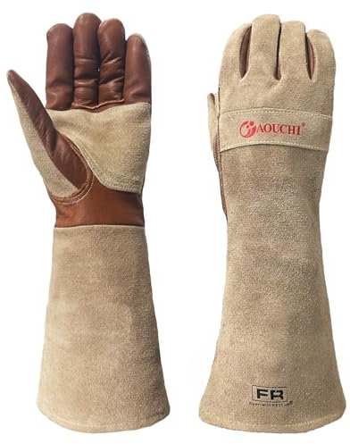 AOUCHI Grill-Feuerhandschuhe aus hochwertigem Leder, feuerfest, hitzebeständig, dornensichere Handschuhe für Gartenarbeit, WIG/MIG, Holzbrenner, Feuerbekämpfung, Kamin, Ofen, Herd, Tierhandhabung