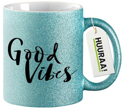 Huuraa Glitzertasse Good Vibes Schriftzug Geschenk 330ml Blau Good Vibes Präsent