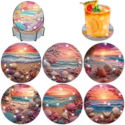 Lxmsja 6 Pcs Dessous de Verre Diamond Painting Plage, sous Verre Diamond Painting, Diamant Peinture Dessous de Verre avec Support, pour Tasses, Verres à Vin, Vases et Cuisine Domestique