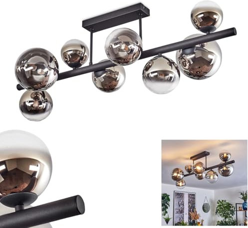 HOFSTEIN Deckenleuchte Chehalis, 8-flammige Deckenlampe aus Metall/Glas in Schwarz/Chrom/Rauch, moderne Leuchte im Retro/Vintage-Design (Schirme Ø 10, 12, 15cm), G9, Esszimmer, Wohnzimmer, Küche, Flur