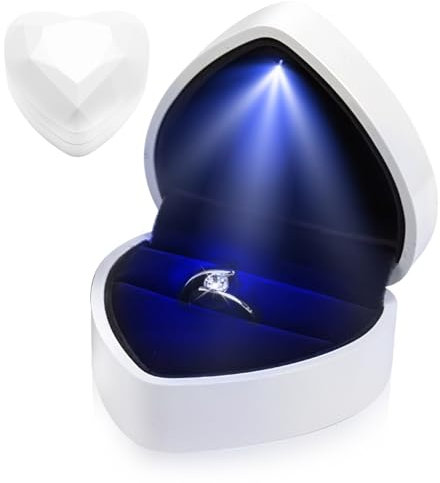 Ring Box with Light Heart Shaped Velvet Ring Box with LED Light Perfect Engagement Rings Case for Proposal Wedding Illuminated Jewelry Case Rings Storage Boxes for Display Gift Gifting (White)