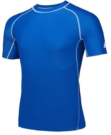 AMZSPORT Herren Rash Guard Shirt, UPF 50+ UV Schutz Kurzarm T-Shirt, Schnelltrocknendes Sonnenschutz Vest für Schwimmen, Surf, Laufen, Angeln, Blau, L